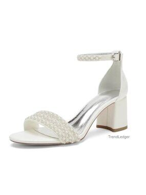 Pearls Open Toe Ankle Strap Block Heels Wedding Sandals Faux Leather